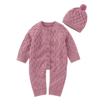 

Infants Romper Knitting Jumpsuit Suit Fall Long Sleeve Round Collar Crotch Buttons Clothes Hat Good Breathability Comfortable