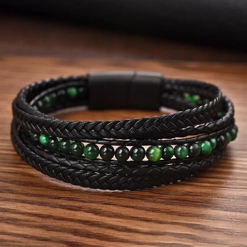Jiayiqi Men’s Bracelets Natural Stone Multilayer Leather Braided Bracelet Green Beads Bangle Vintage Male Jewelry Wristband Gift