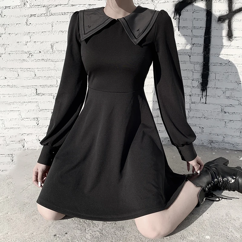 Beste Insgoth Harajuku Vintage Mini Zwarte Jurk Gothic Streetwear Lange Mouwen Slanke Vrouwelijke Korte Jurk Casual College Jurk