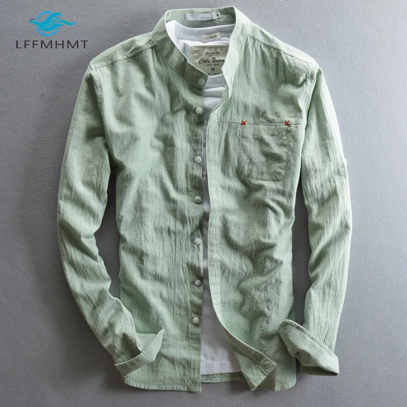 

Men Spring And Autumn Fashion China Style Vintage Solid Color Cotton Linen Long Sleeve Stand Collar Shirt Male Casual Thin Shirt