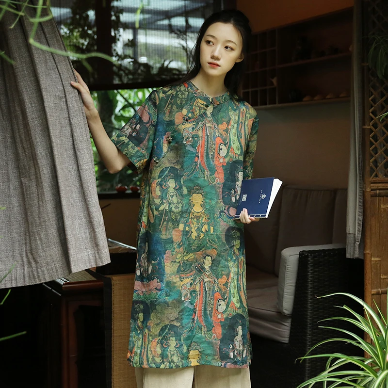 

Summer Vintage Buddhist Character Print Short Sleeve Pure Ramie Dress, Traditional Stand Collar Frog Buttons Unique Pattern Robe