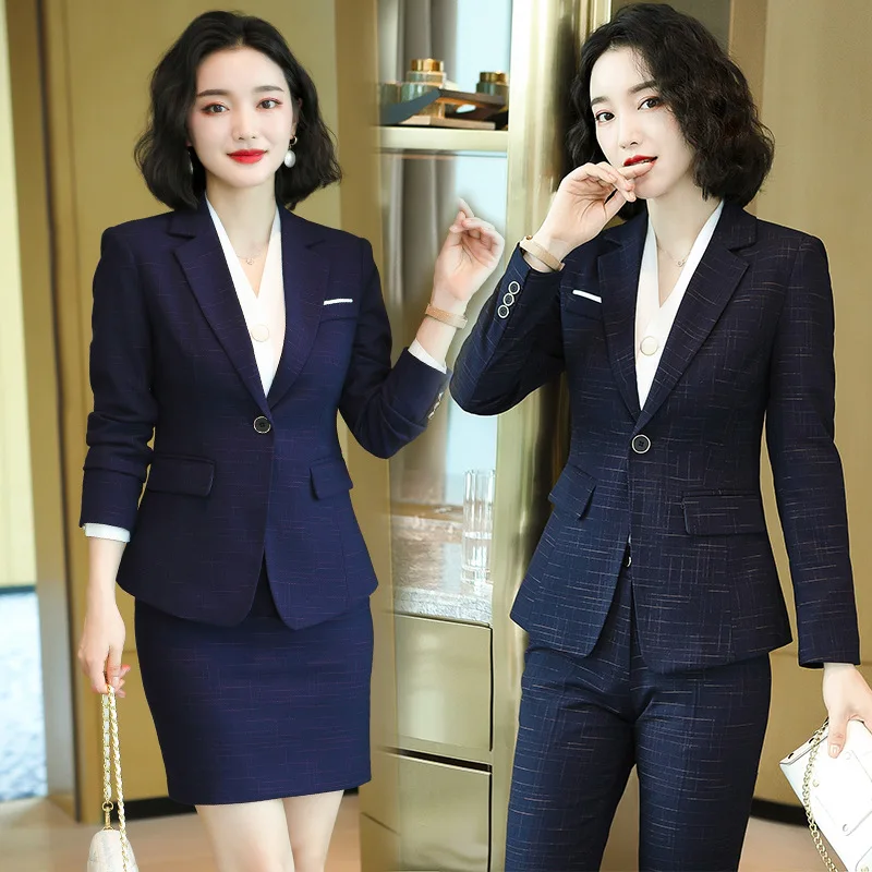 IZICFLY Autumn Winter High-end Professional Blue Slim Uniform Business Suits with Pants Office Blazer Set For Women Work Wear