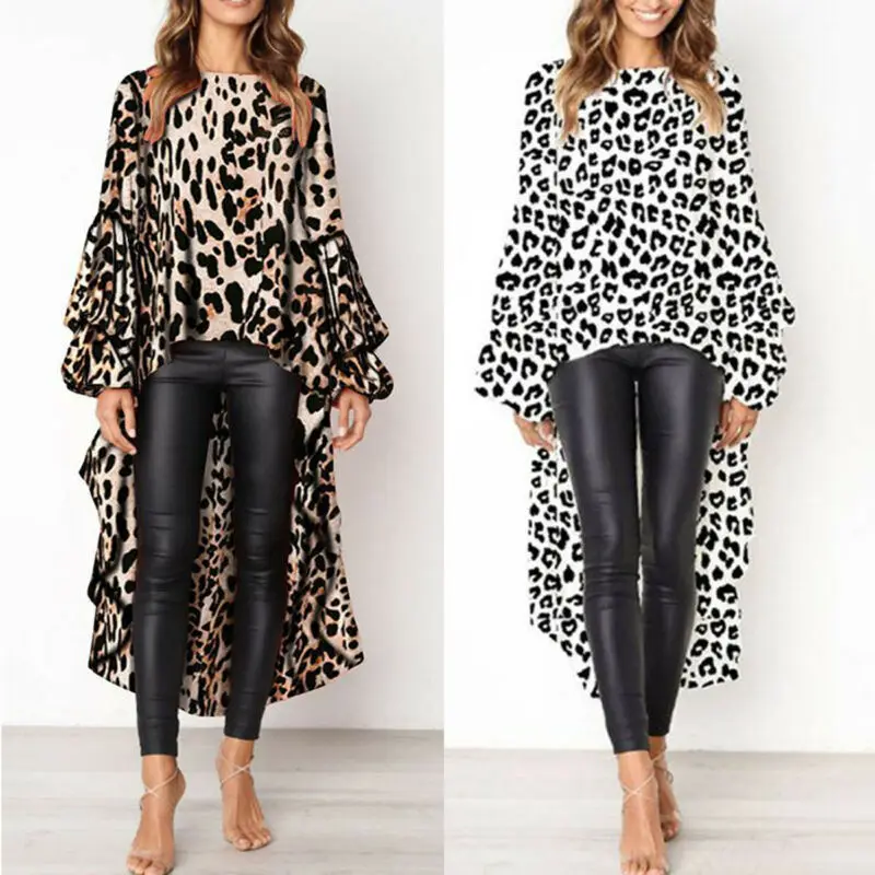 Blusa informal manga con estampado de leopardo verano, camisa corta por delante para mujer, con volante holgado, manga larga|Blusas y camisas| - AliExpress