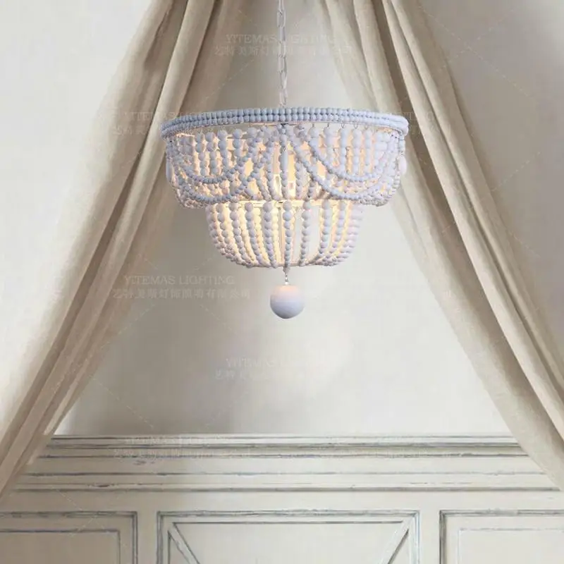 Большая/белая/деревянная люстра с бисером светильник