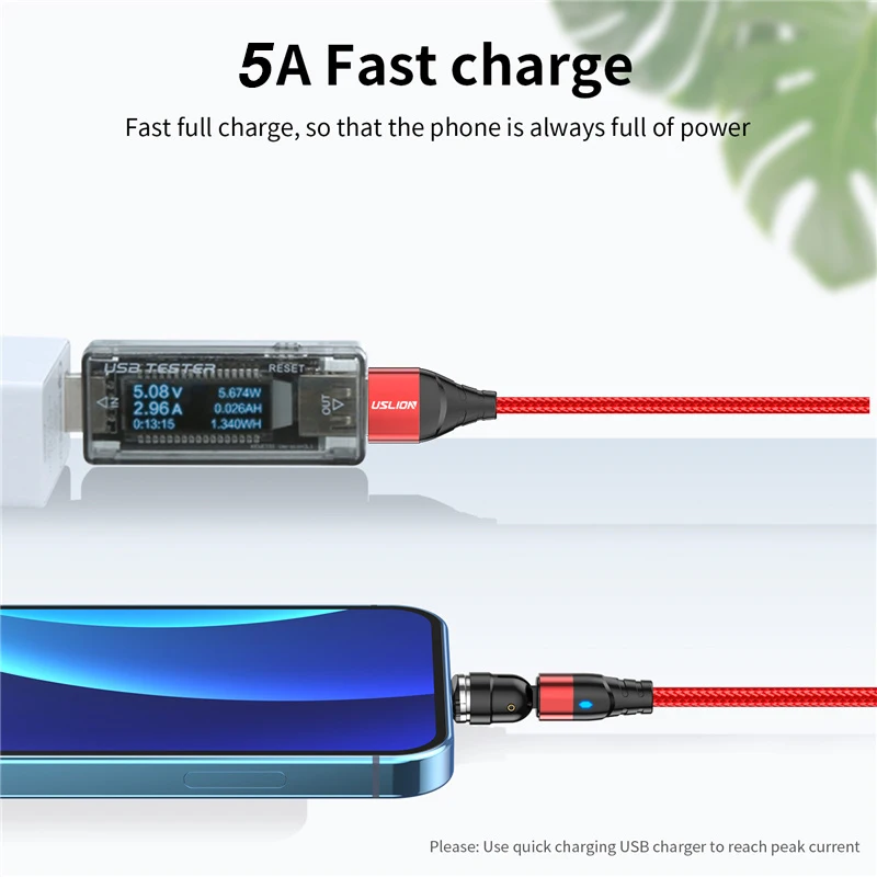 USLION 540 Rotate 5A Magnetic Cable Fast Charging For Mobile Phone Magnet Charger Wire Cord Micro Type C Cable For iPhone Xiaomi 4