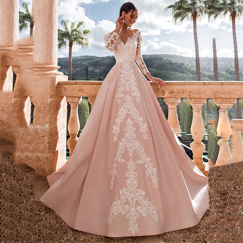 Атласные свадебные платья трапециевидной формы с v-образным вырезом и кружевной аппликацией; свадебное платье принцессы с длинными рукавами; элегантные свадебные платья; большие размеры