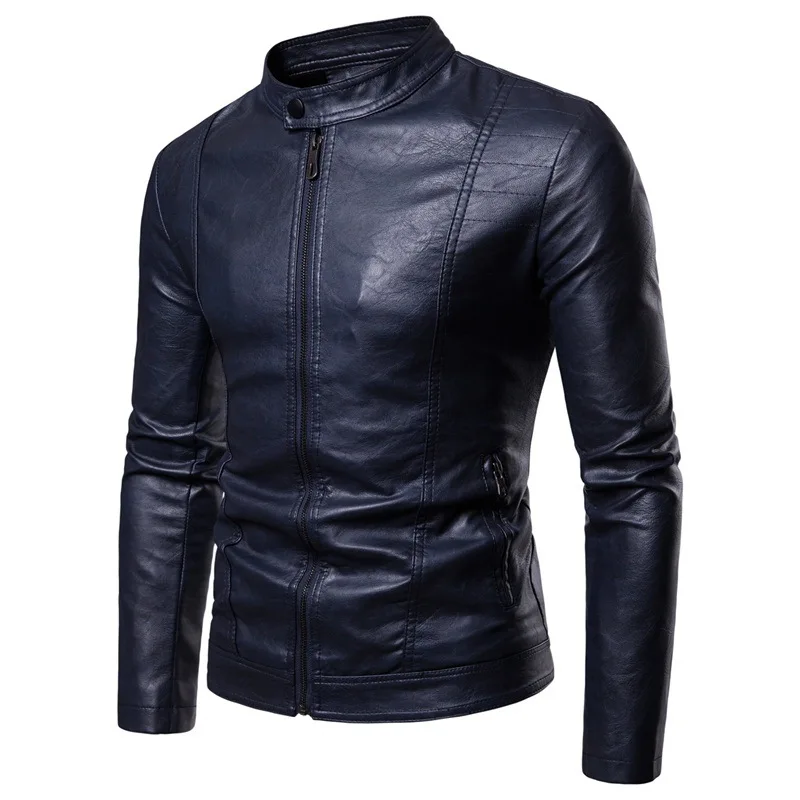 

Winter New Style Men plus Velvet Stand Collar Casual Leather Coat Zipper PU Quality Slim Fit Leather Jacket Men's