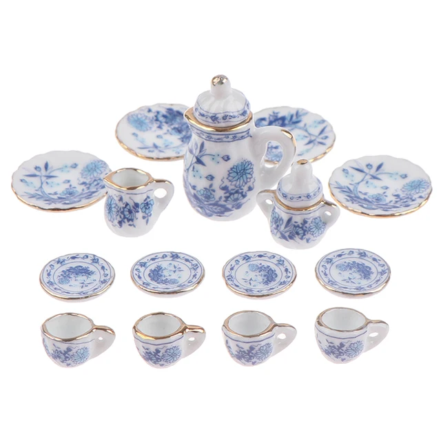 15Pcs 1:12 Miniature Porcelain Tea Cup Set  Flower Tableware Kitchen Dollhouse Furniture Toys For Children Tea Cups Dollhouse 2