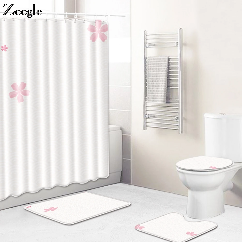 Zeegle Bath Mat Set Non-slip Bathroom Doormat Toilet Seat Cover Mat Shower Curtain Waterproof Bathroom Curtain Modern Toilet Set
