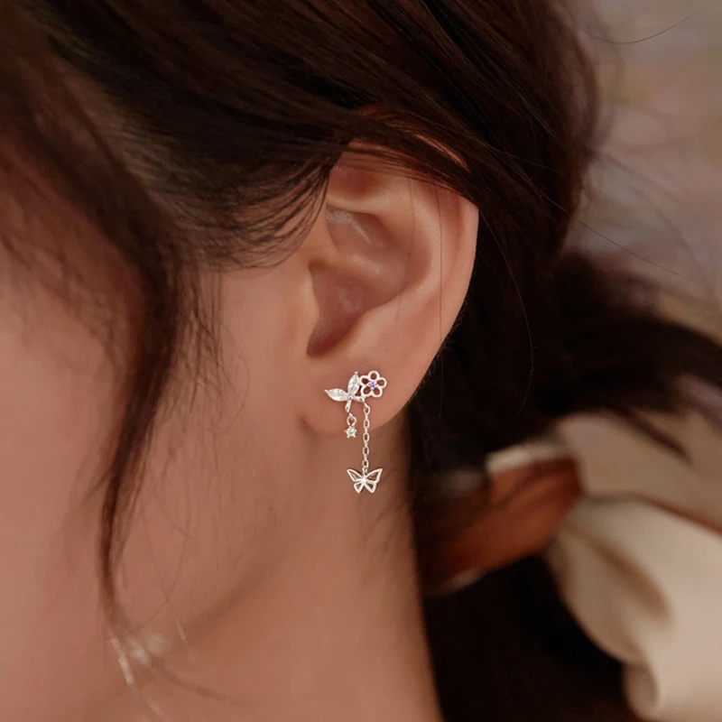 925 Sterling Silver Butterfly Tassel Ear Line Drop Earrings Female Cubic Zirconia Girl Crystal Jewelry for Women Elegant Gifts