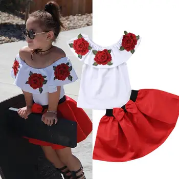 For Girl Kids Baby Girl Off Shoulder 3D Rose Flower Blouse Top Dress Skirt Outfit Clothes 1