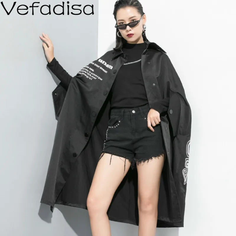 

Vefadisa Autumn Polyester Streetwear Coat Bat Sleeved Loose Coat Turn-down Collar Half X-Long Coat Woman 2019 QYF432