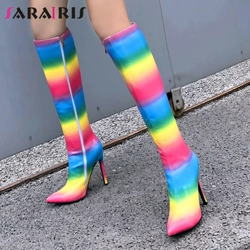 

SARAIRIS Plus Size 32-48 Brand New Ladies Mixed Colors Boots Thin High Heels Knee High Boots Women 2020 Party Sexy Shoes Woman