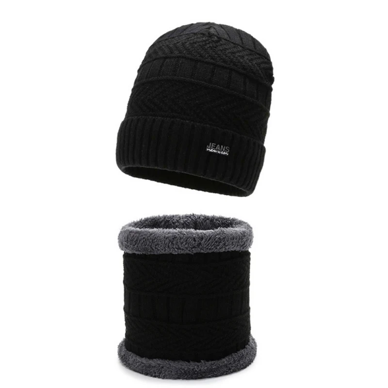 2pcs/set Winter Beanie Hat Scarf Set Knitted Plus Velvet unisex Warm Beanies Hat Neck Scarves Set