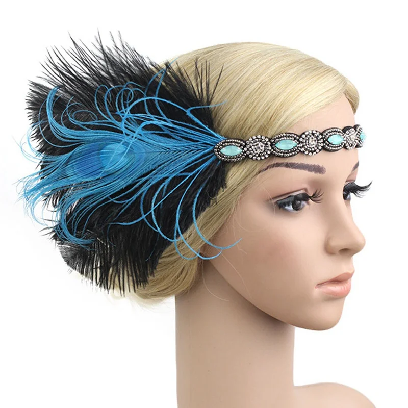 Peacock Feather Headband Retro 1920s Vintage Party Flapper Headpiece Women Rhinestone Beaded Hair Accessories Headwear