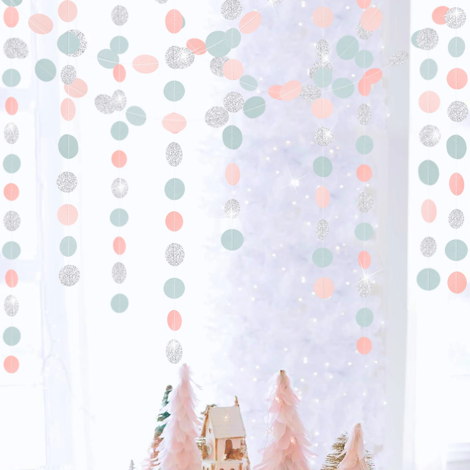 

4M 57Dot Glitter Silver Gray Pink Wedding Paper Circle Garlands Banner Birthday Party Decorations Supplies Bridal Shower Hanging