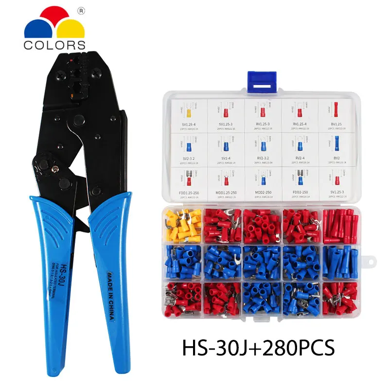 

HS-30J+280pcs/Box Full Insulated Fork U-type Set Terminals Connectors Assortment Kit 0.5-6mm2 Crimping pliers