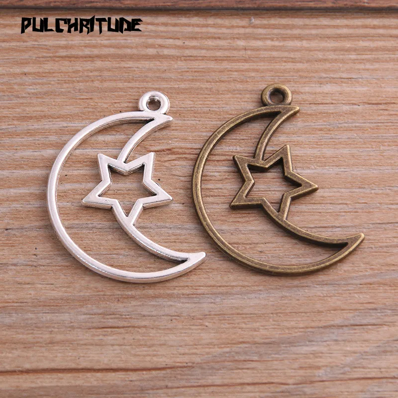 

PULCHRITUDE 8pcs 25*37mm Two Color Metal Zinc Alloy Hollow Moon Star Charms Fit Jewelry Medical Plant Pendant Charms Makings