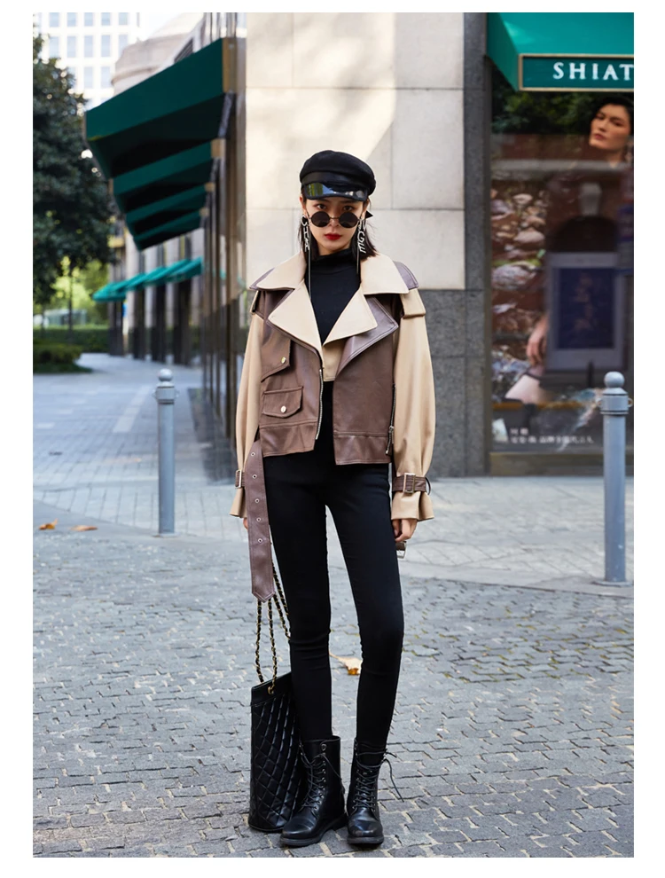 DBYCOOL Pu Leather Jacket Women New Short Motorcycle Jacket Loose High Waist Color Block Fashion Biker Coat Female 45413215