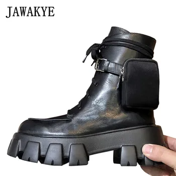 

Street Monolith Platform Ankle Boots Women Genuine Leather Pocket Designer Motorcycle Boots Warm Winter Wool Inside Botas Mujer