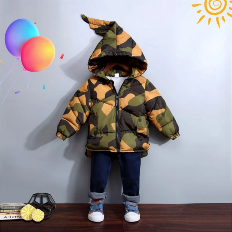 BINIDUCKLING/камуфляжная зимняя детская куртка для мальчиков и девочек, хлопковый утепленный детский пуховик с капюшоном, верхняя одежда