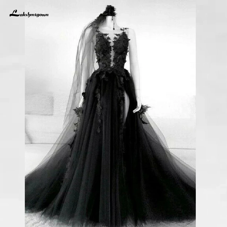 Bloemen Gothic Zwarte Trouwjurk Side Split Sexy Bruidsjurk 2020 Vestidos de Novia Ruglooze Puffy Tulle Wedding Gown Plus size Bloemen Gothic Zwarte Trouwjurk Side Split Sexy Bruidsjurk 2020 Vestidos de Novia Ruglooze Puffy Tulle Wedding Gown Plus size