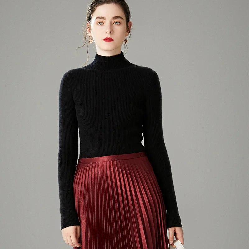 

2019 Autumn & Winter New Style Black And White with Pattern Sweater Simple Fashion Sweater Women's Half-Turtle-Neck Slim Fit 100
