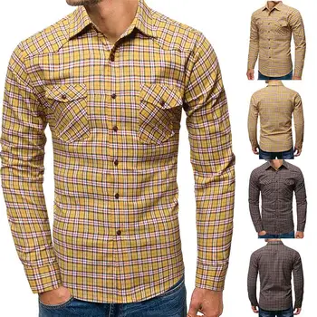 

Long Sleeve Men's Shirt Dress Double Pocket Blouse Men Large Size Casual Plaid Shirt for ManBrown Yellow
