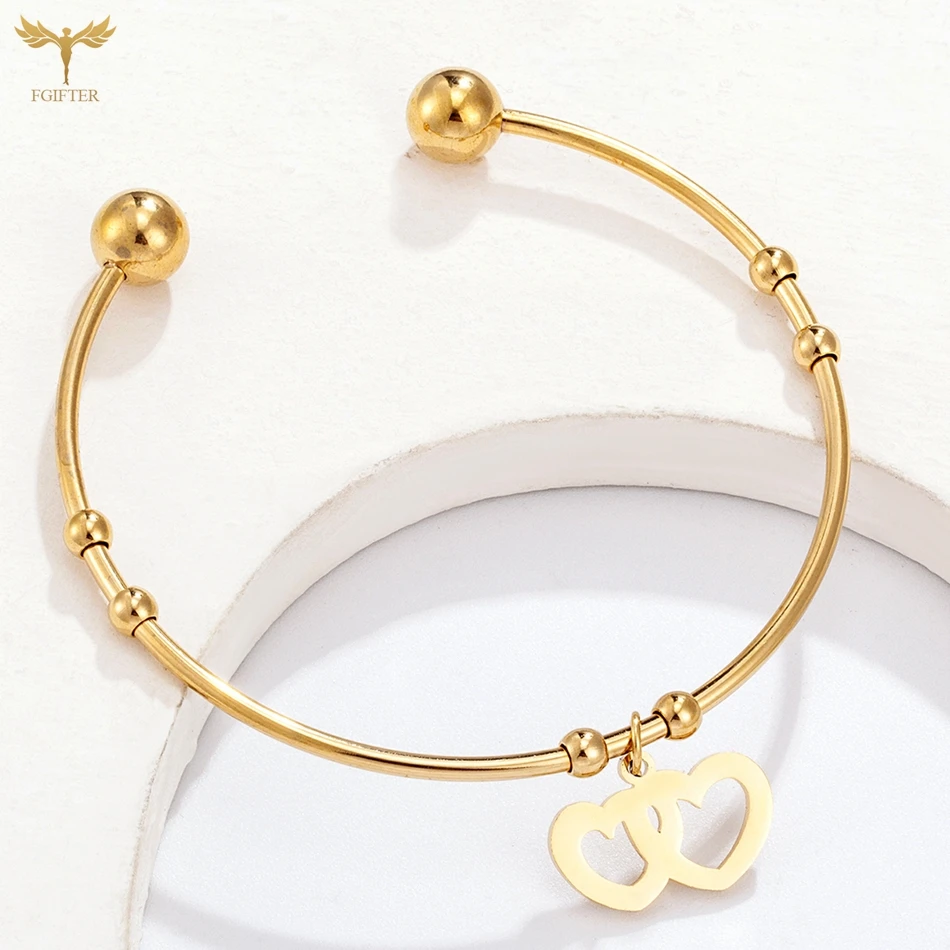 Women Jewelry 2 Hearts Charms Bangle Gold Color Stainless Steel Cuff Bracelets Couple Wife Girlfriend Valentine's Day Present