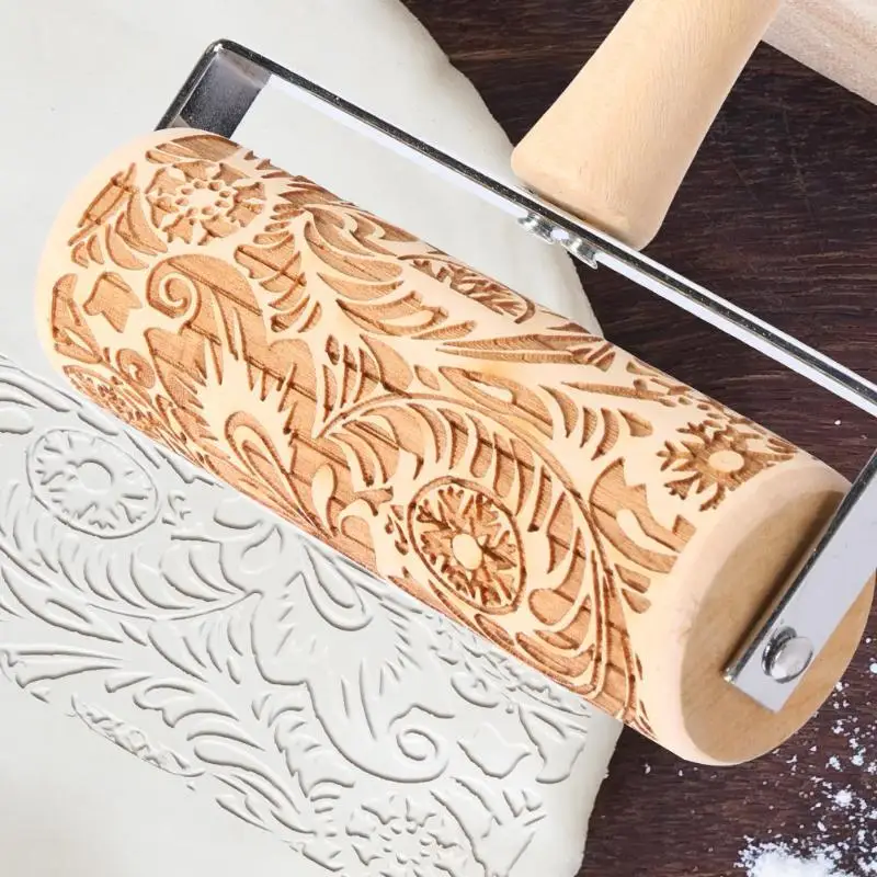 Laser Engraved Durable Hand-held Environmental Protection Kitchen Printing Rolling Pin Embossed Wooden Needle Baking Tools