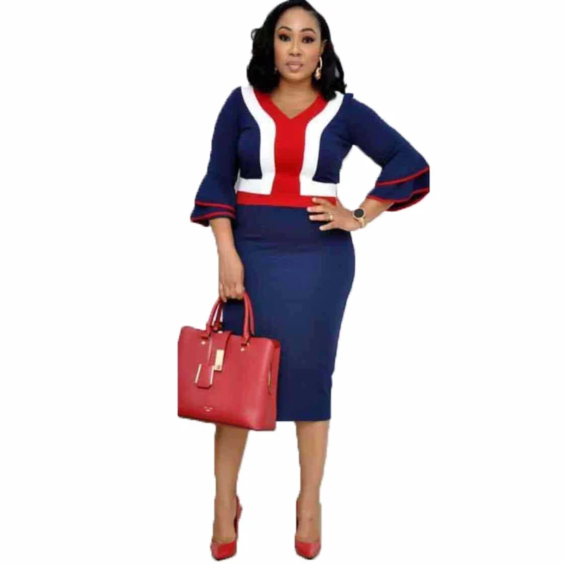 Fashion Ladies Dresses Contrasting Colors Butterfly Sleeve Office Dress Plus Size 4XL Woman Casual Vestidos