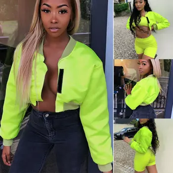 

Women Fashion Autumn Coat Crop Long Sleeve Short Biker Jackets Female Stand Collar Jacket