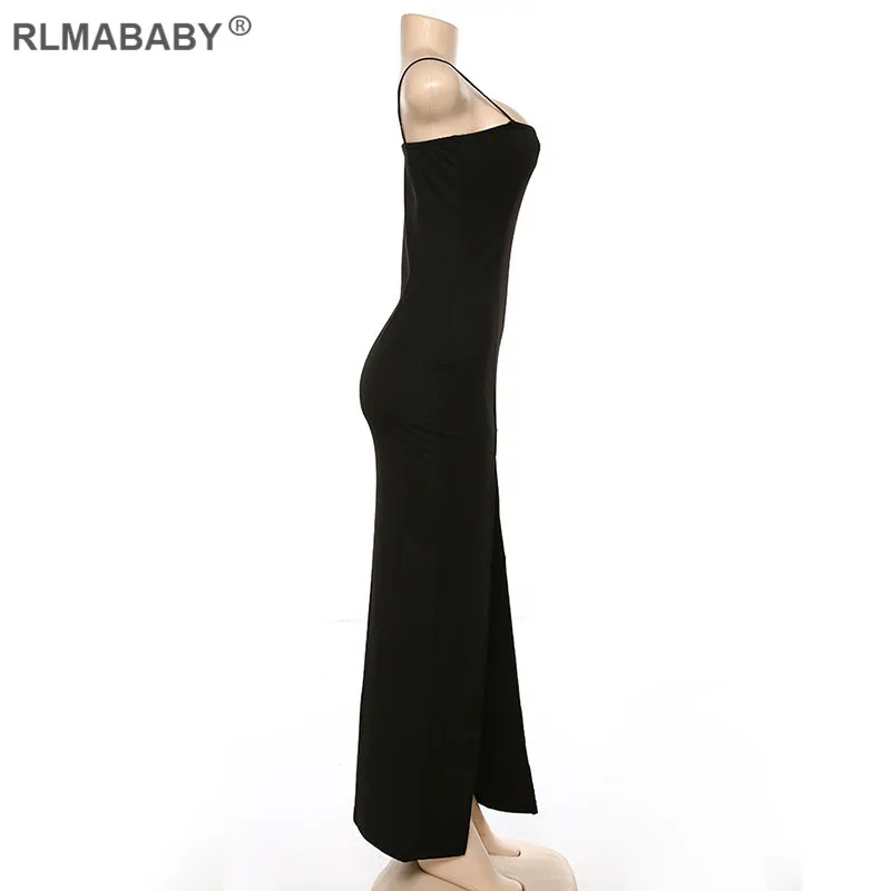 RLMABABY, сексуальное длинное платье макси с высоким разрезом, женское платье на бретельках, без рукавов, с открытой спиной, облегающее черное платье, летнее повседневное женское платье