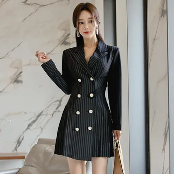 

Plus Size Women Double Button Mini Aline Dress Autumn Winter Print Striped Black Blazer Dress Women Casual OL Work Office Dress