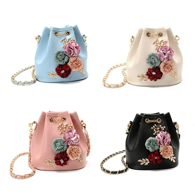 

Handmade Flowers Bucket Bags Mini Shoulder Bags With Chain Drawstring Small Cross Body Bags Pearl Bags Leaves Decals Bag