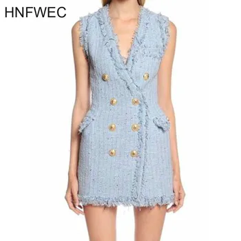 

2019 New Autumn Fashion Women Clothes Metal Both Row Buckle Tassels Double Breasted Vest Sleeves Dress L156