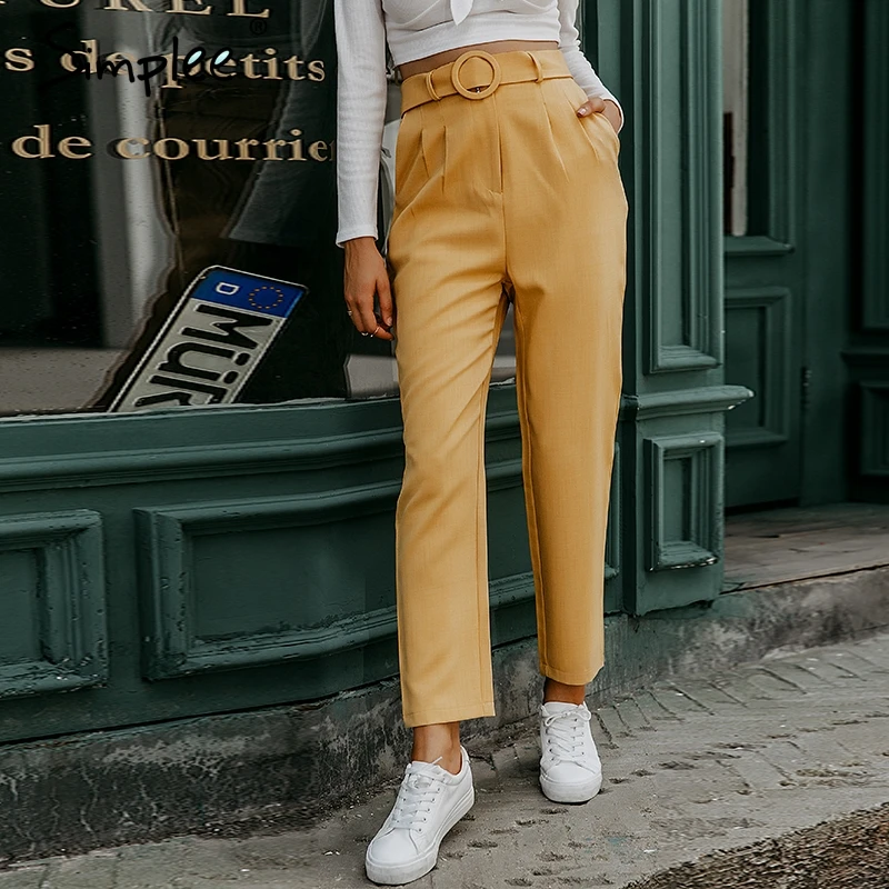 

Simplee Elegant women office pants Autumn mid-high waist pleated cropped pants Chic winter belted pockets ladies trousers 2019