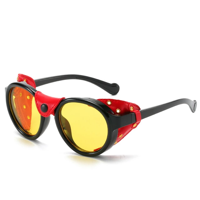 Classic Brand Design Retro Vintage Round Steampunk Sunglasses Women Men Punk Windproof Goggles Leather Side Shield 2