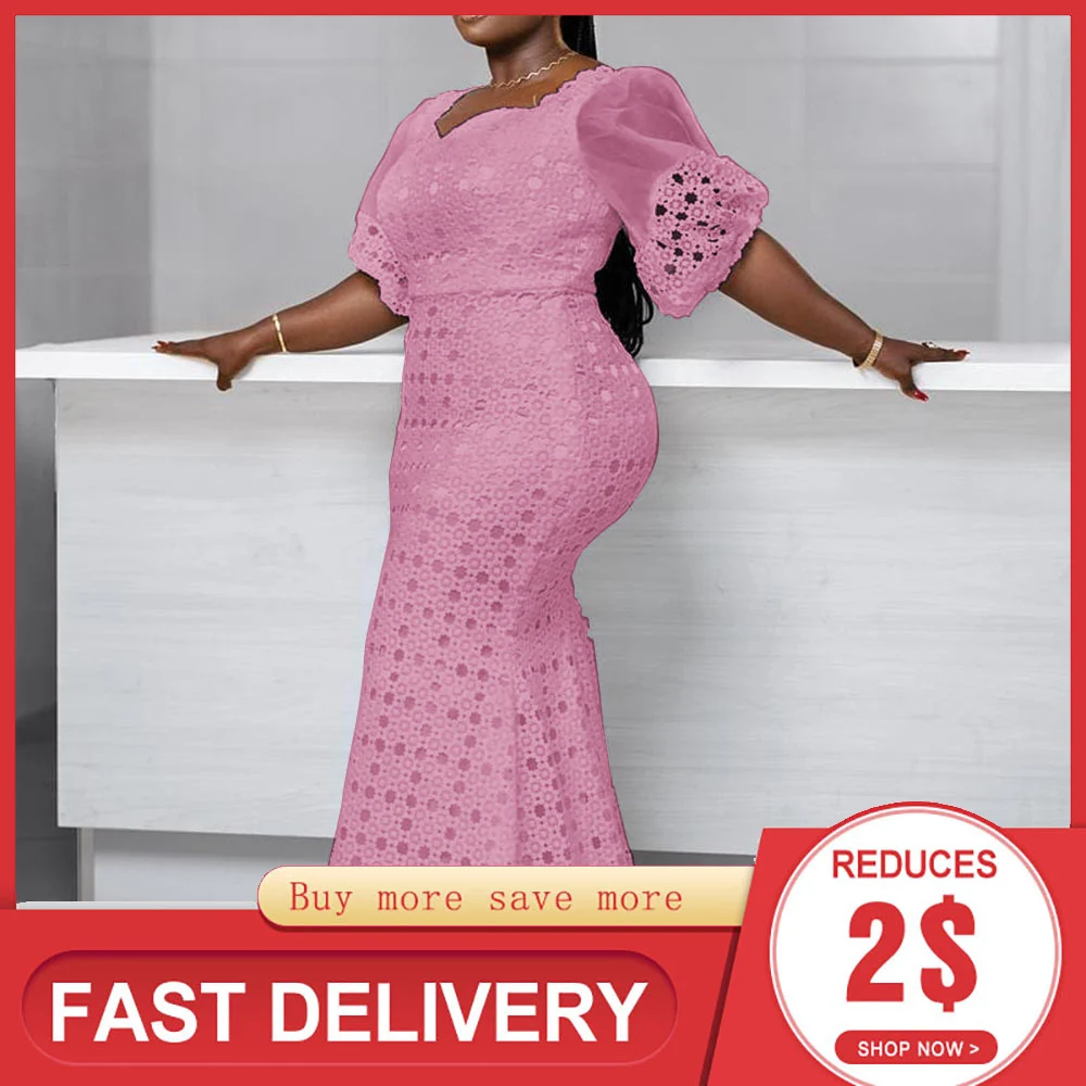 Pink Lace Plus Size Party Dress Women Summer 2021 Elegant Wedding Big Sizes Bodycon Long Dresses 4xl 5xl African Chic Maxi Robes
