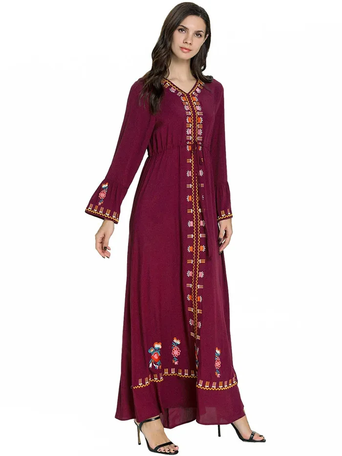 Модное мусульманское женское Красное вышитое платье большого размера с v-образным вырезом, арабское повседневное свободное платье с поясом, мусульманская одежда с длинным рукавом