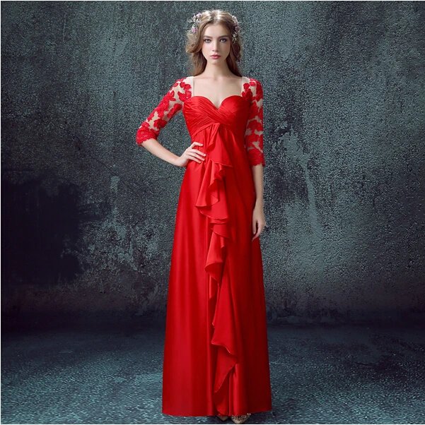 Формальные платья vestidos новые горячие сексуальные красные длинные вечерние платья выпускное платье с оборками на пуговицах Кружевные Аппликации три четверти рукава
