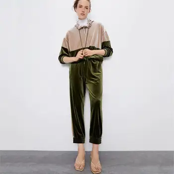 

2019 Autumn Velvet Women's Suit Za Fashion Clothes Hoodies Pullover Patchwork Sweatshirt Sweatpants Hot Sale