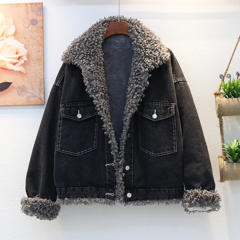 

Fashion Winter Thick Warm Lamb Fur Liner Denim Jacket Women Vintage Student Short Jeans Jacket Coat Female Black Loose Outerwear