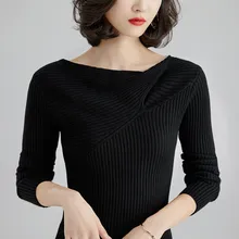 풀 슬리브 크로스 오버 스웨터 솔리드 컬러 한 단어 칼라 느슨한 여자 스웨터 편안한 피부 친화적 인 여성 니트 스웨터(China)