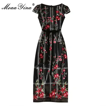 

MoaaYina Fashion Designer dress Spring Summer Women's Dress Short sleeve Package buttocks Mesh Embroidery Vintage Dresses