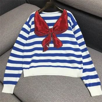

Sweet Girls Top Fashion Age-reduction Navy Stripe Sweater Pretty Woman Beautiful Pearls Red Bowknot Design Knit Pullover Sweater