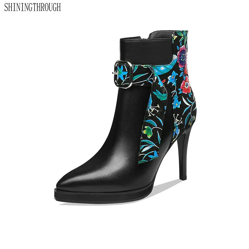 

Boots Women Elegant Thin High Heels Party Wedding Shoes Woman Genuine Leather Sexy Pointed Toe Zipper Basic Ankle Boots
