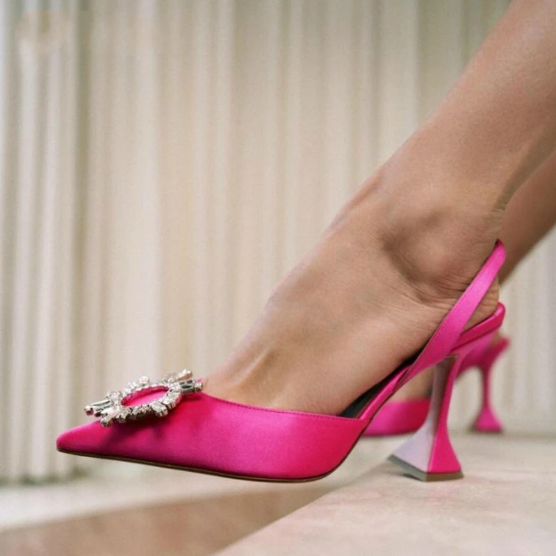 Zapatos de tacón alto con cristales para mujer, calzado de lujo, cómodo, triangular, para fiesta y boda, para verano, 2020