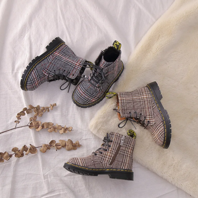 

Children Casual Girls Ankle Boots Pu Leather Lattice Flock Fabric Warm Rubber Boots For Toddler Kids Martin Boots Autumn
