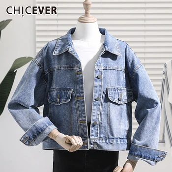 

CHICEVER Korean Denim Jacket Female Lapel Collar Long Sleeve Pocket Large Size Loose Coat Women 2020 Spring Fashion Clothes New